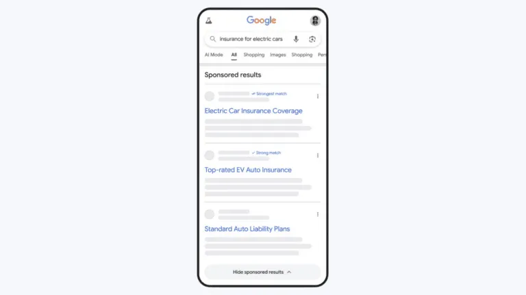 Screenshot of a Google search ad carrying a match label