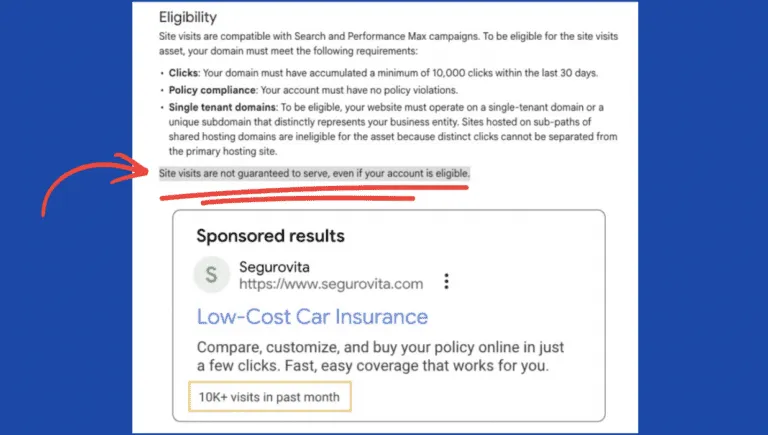 Screenshot of the Site Visits asset in a search ad